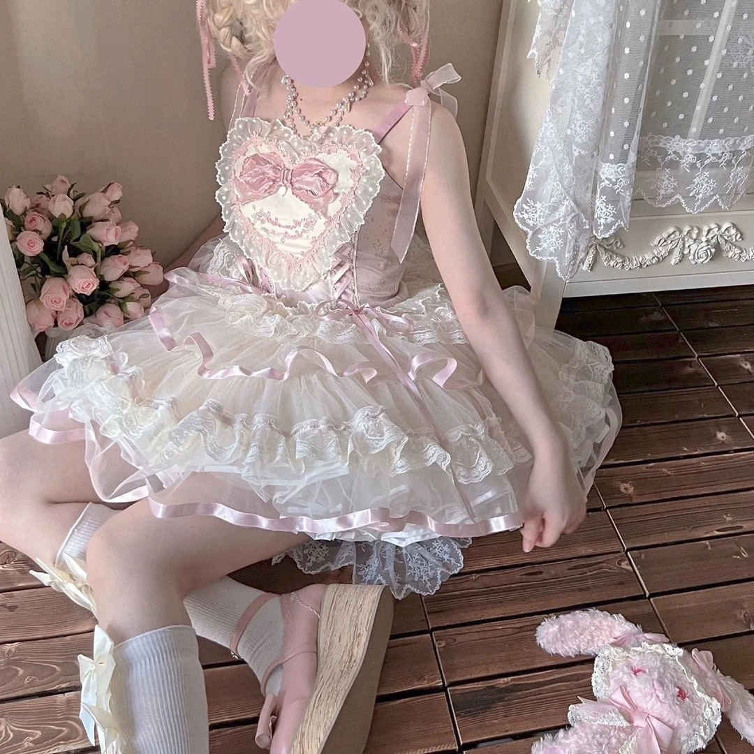 丝缎芭蕾lilota爱心狗短jsk吊带裙芭蕾风洛丽塔公主裙生日短裙女