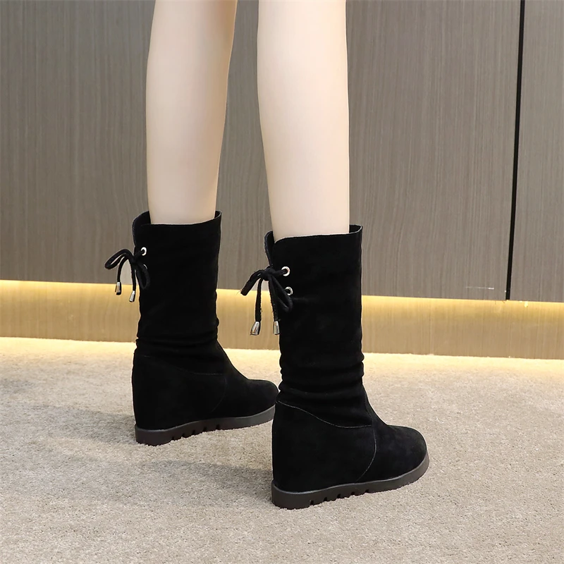 厚底加绒秋冬棉靴中筒靴百搭马丁靴韩版小个子增高瘦瘦靴平底显瘦