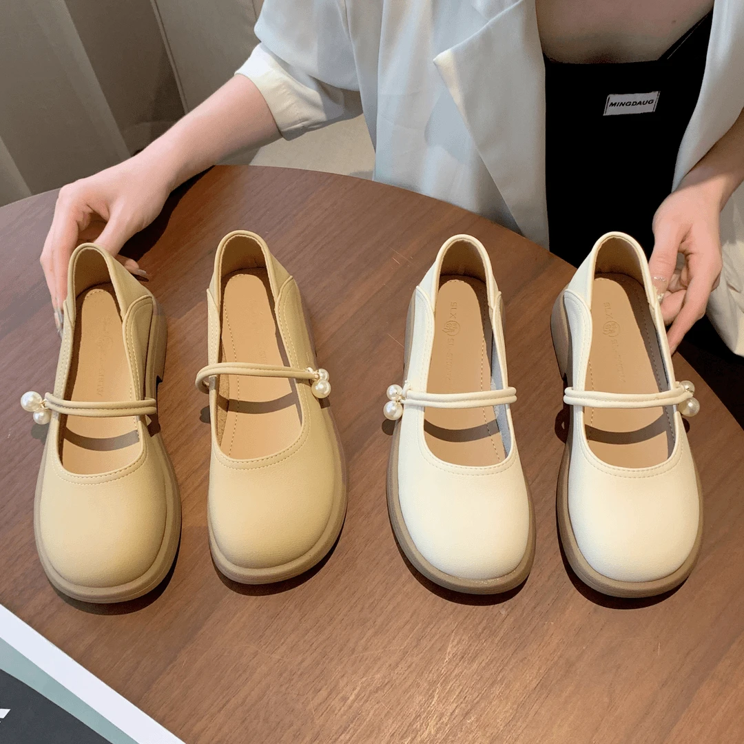 2025夏季新款珍珠扣装饰玛丽珍浅口单鞋女圆头乐福鞋软底温柔单鞋