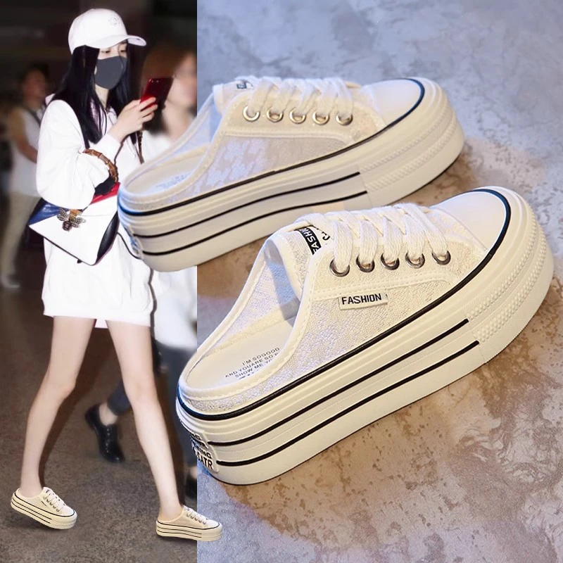 网红包头拖鞋女夏外穿2025新款网面鞋子百搭厚底松糕无后跟懒人鞋