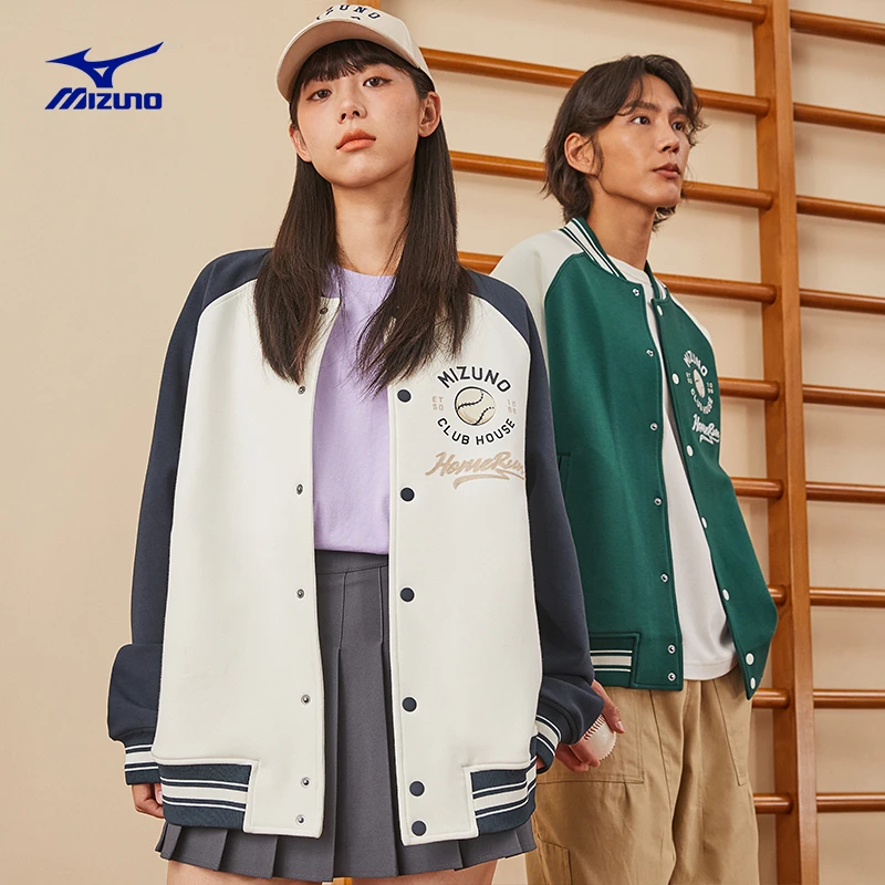 Mizuno/美津浓秋冬新款印绣花工艺插肩袖版型潮流复古风格棒球衫