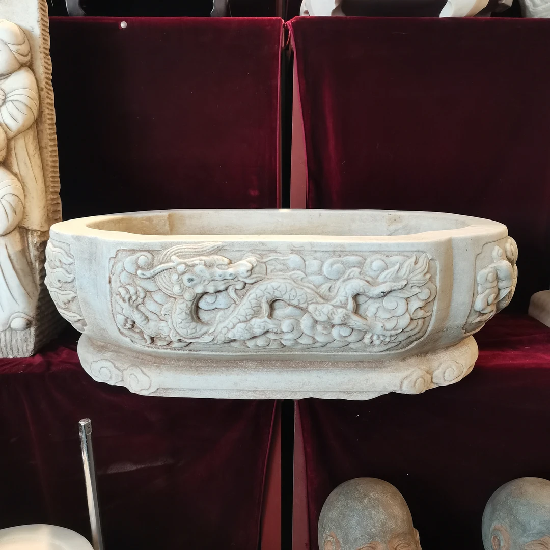 仿古做旧花盆鱼缸汉白玉天然石材庭院装饰摆件