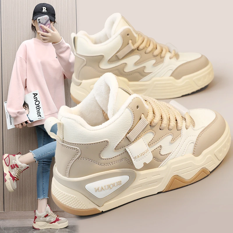 SHOEBOX/鞋柜加绒高帮拼色女鞋2023冬季新款潮学生ins韩版休闲