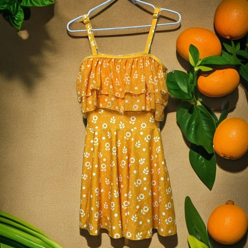 连体泳衣  黄底白花 吊带 一字肩 带袖 三穿 遮肚 显瘦 显白