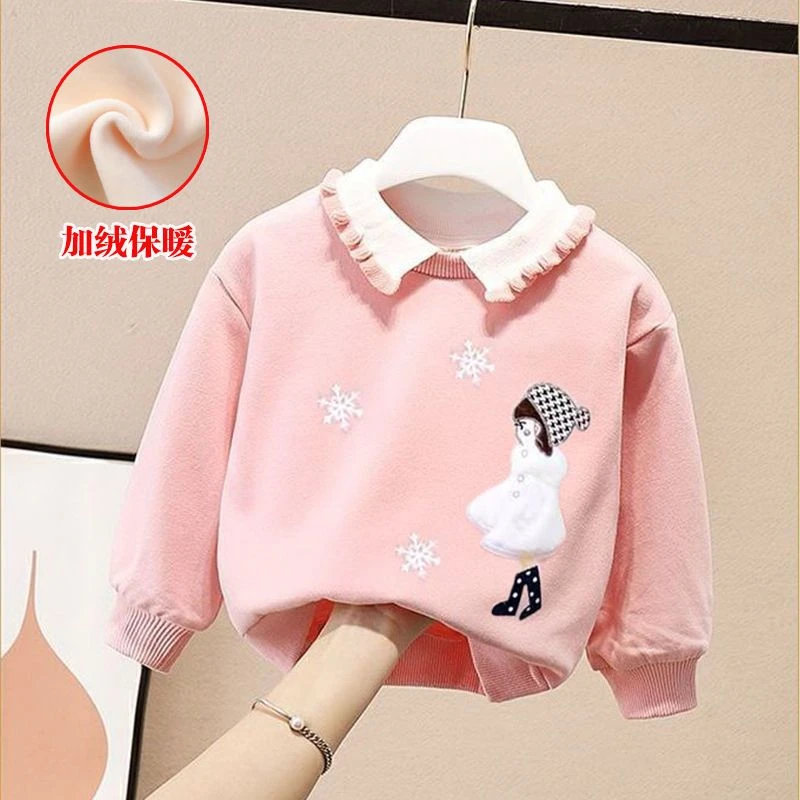女童加绒加厚卫衣小女孩冬季打底衫翻领休闲卡通中小童保暖衣服潮