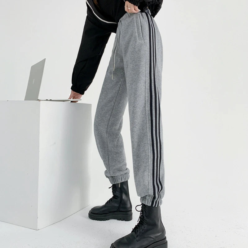 2025条纹秋冬运动裤女松紧腰休闲宽松束脚卫裤三条杠百搭长裤子潮