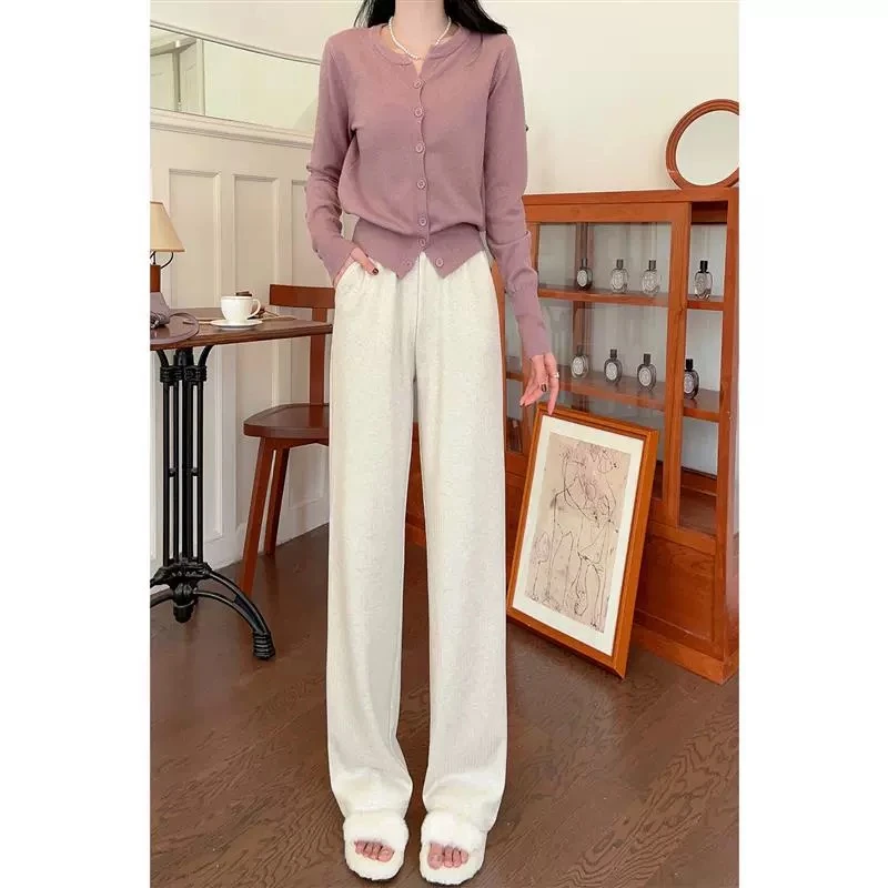 秋冬新款阔腿休闲裤女显瘦高腰宽松垂感直筒拖地窄版加绒加厚女裤