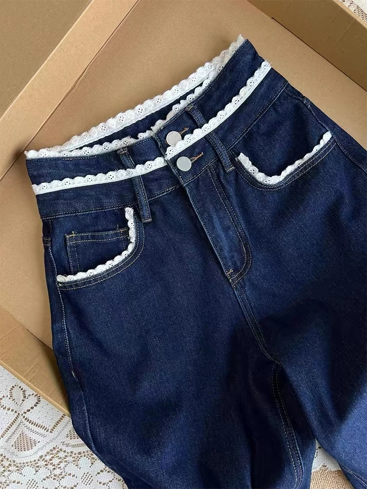 阔腿裤深蓝色花边拼接垂感直筒裤女牛仔裤女小个子高腰宽松裤子