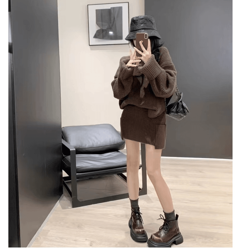 秋冬搭配一整套小香风气质减龄茶系穿搭百搭毛衣半身裙两件套装女