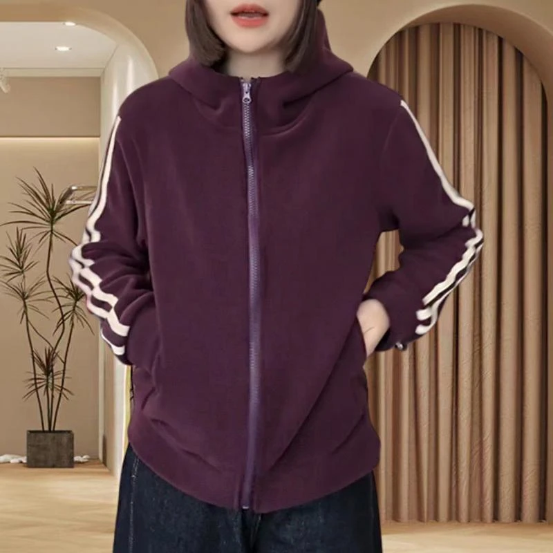 【双杆德绒】秋冬防风连帽双面绒卫衣休闲保暖拉链时尚女士开衫外套