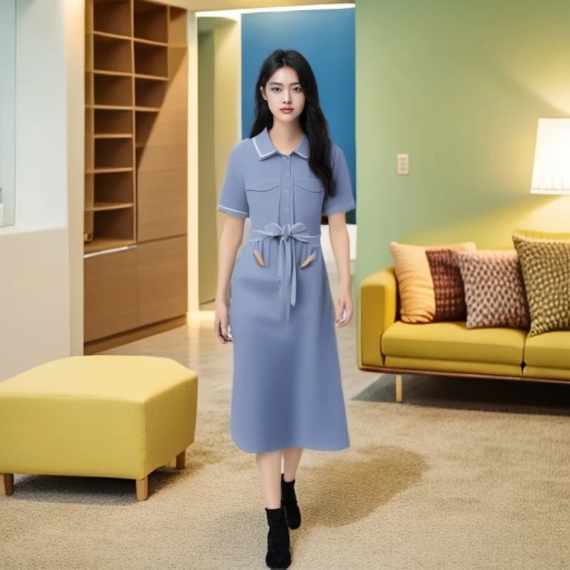 【5500~5550链接】女装连衣裙大衣法式显瘦蓝色复古