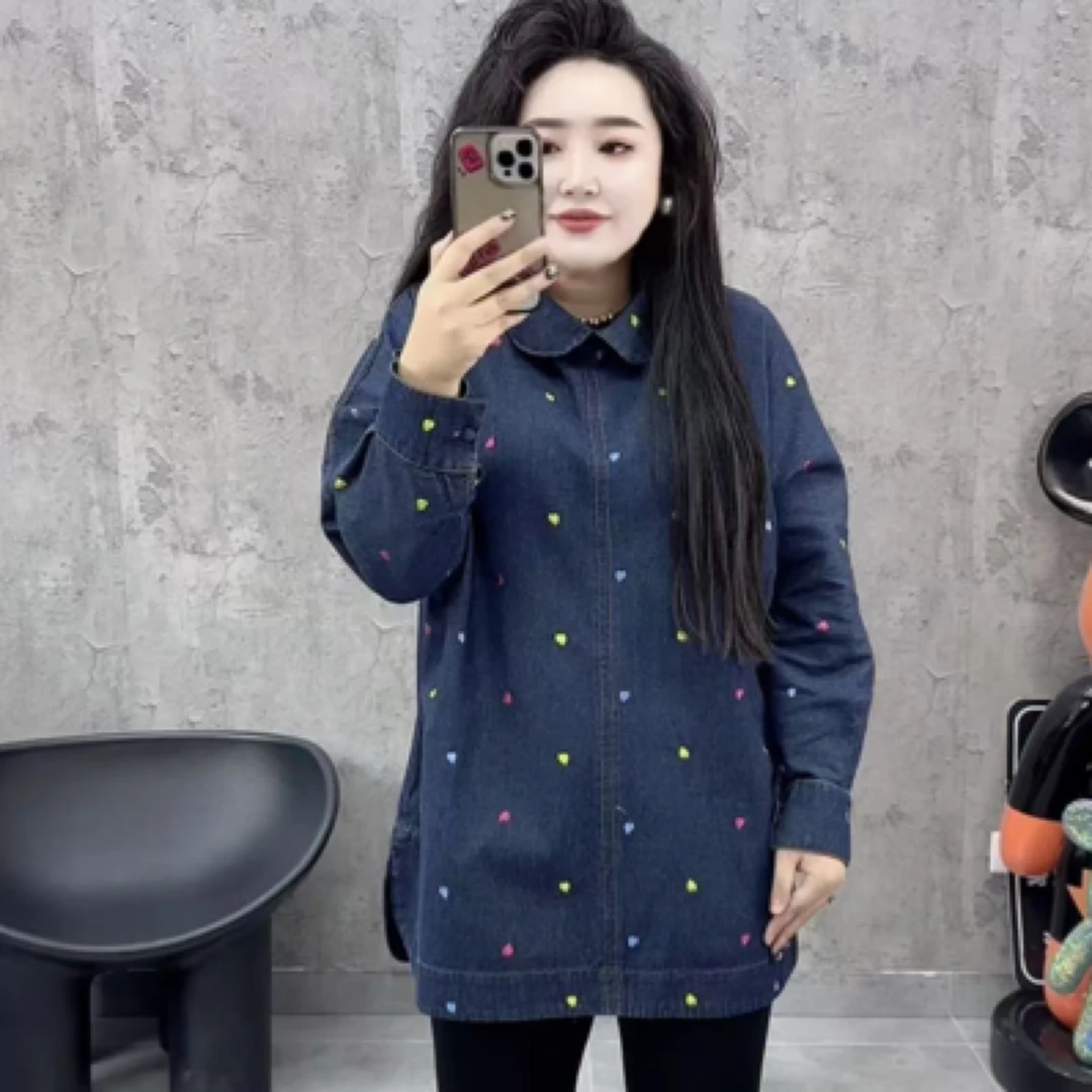欧货翻领刺绣爱心牛仔衬衫