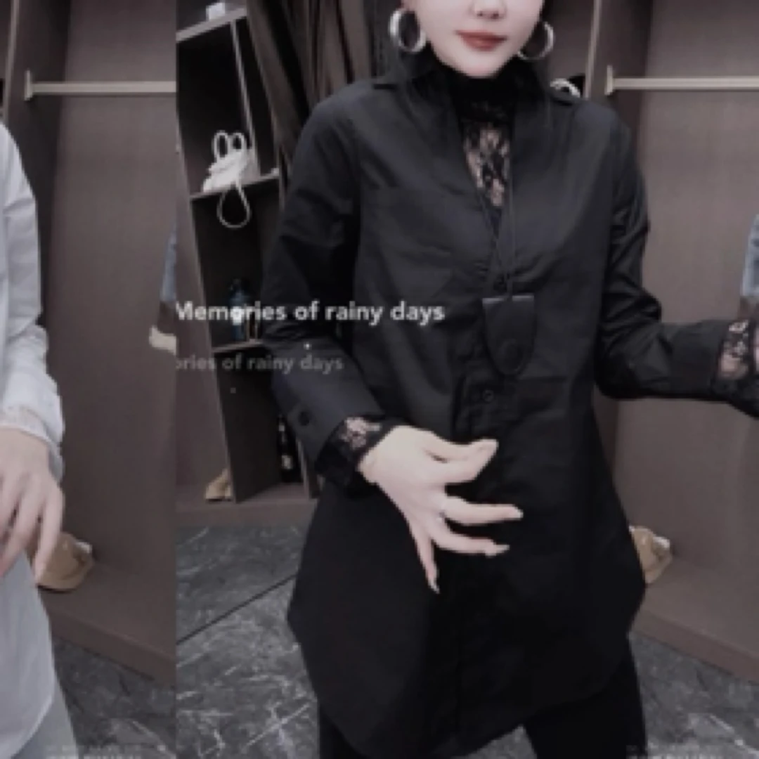 洋气显瘦蕾丝拼接领中长款长袖衬衫