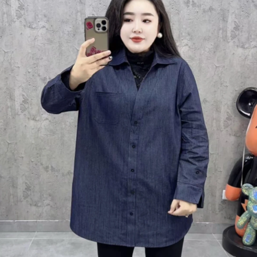 欧货中长款蕾丝拼接牛仔衬衫宽松显瘦