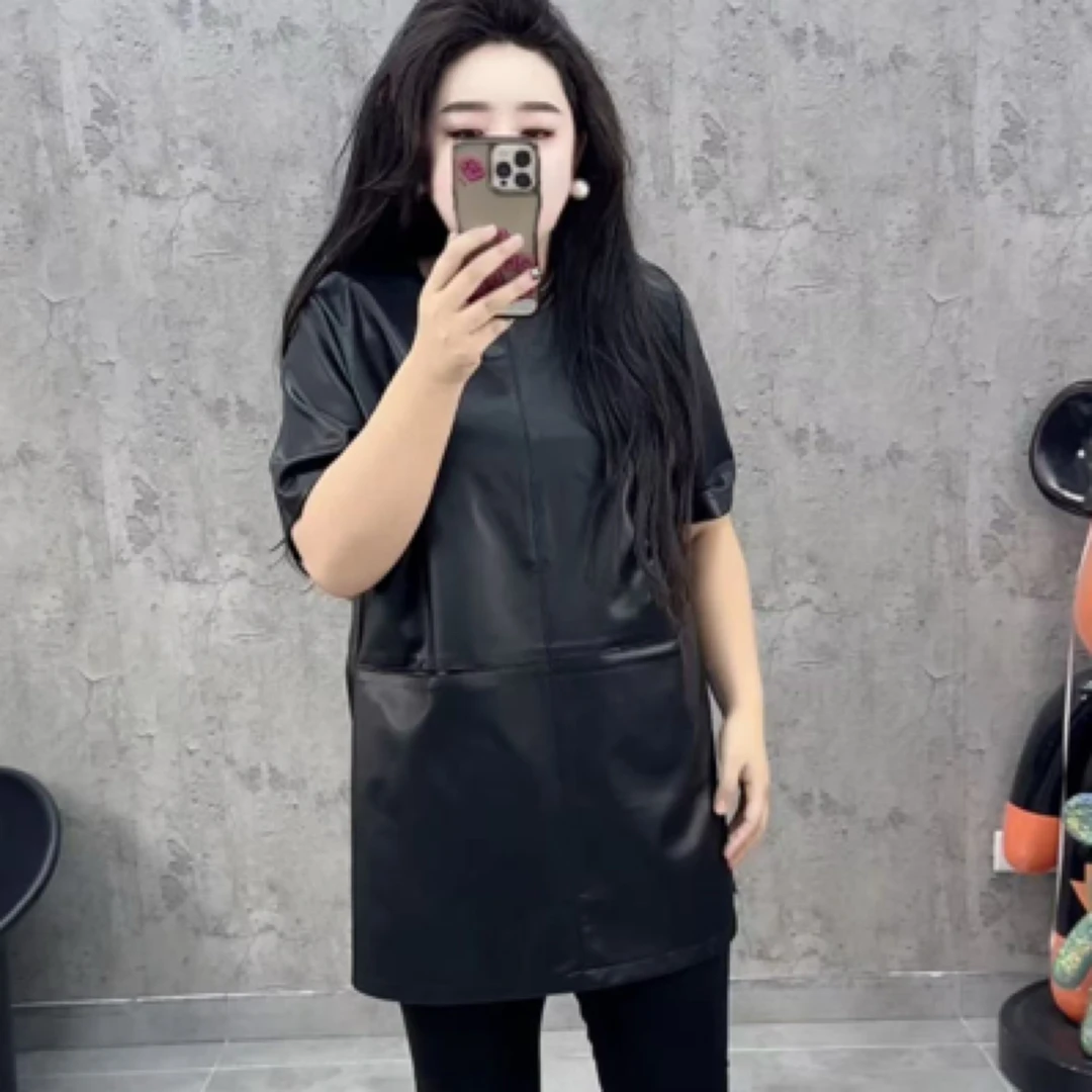 欧货皮短袖中长款显瘦气质大衫(人造皮)