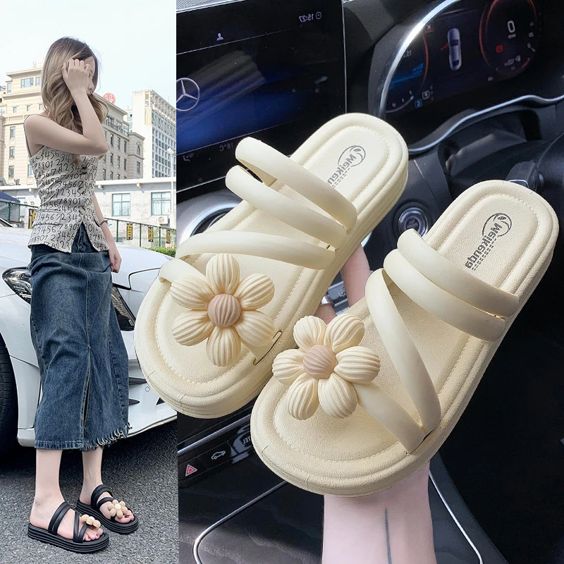 凉鞋夏季外穿网红甜美花朵厚底百搭外出凉拖鞋沙滩鞋时尚软底