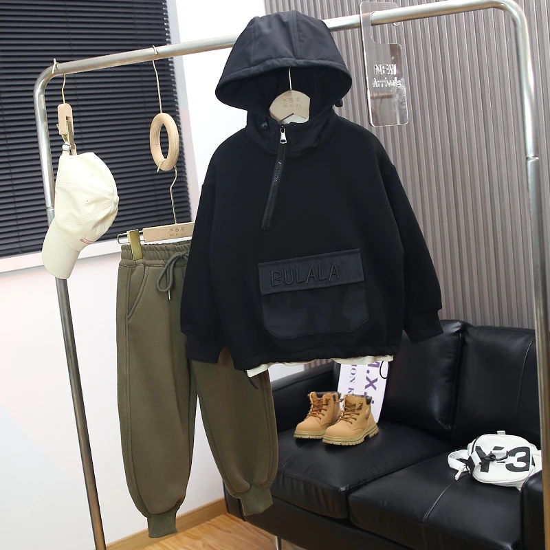 【休闲一体绒加厚】男童加绒卫衣2025新款中大童秋冬装连帽长袖百搭