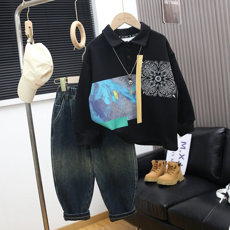 【奥利绒加厚保暖】男童加绒卫衣2025新款中大童秋冬装长袖polo衫潮