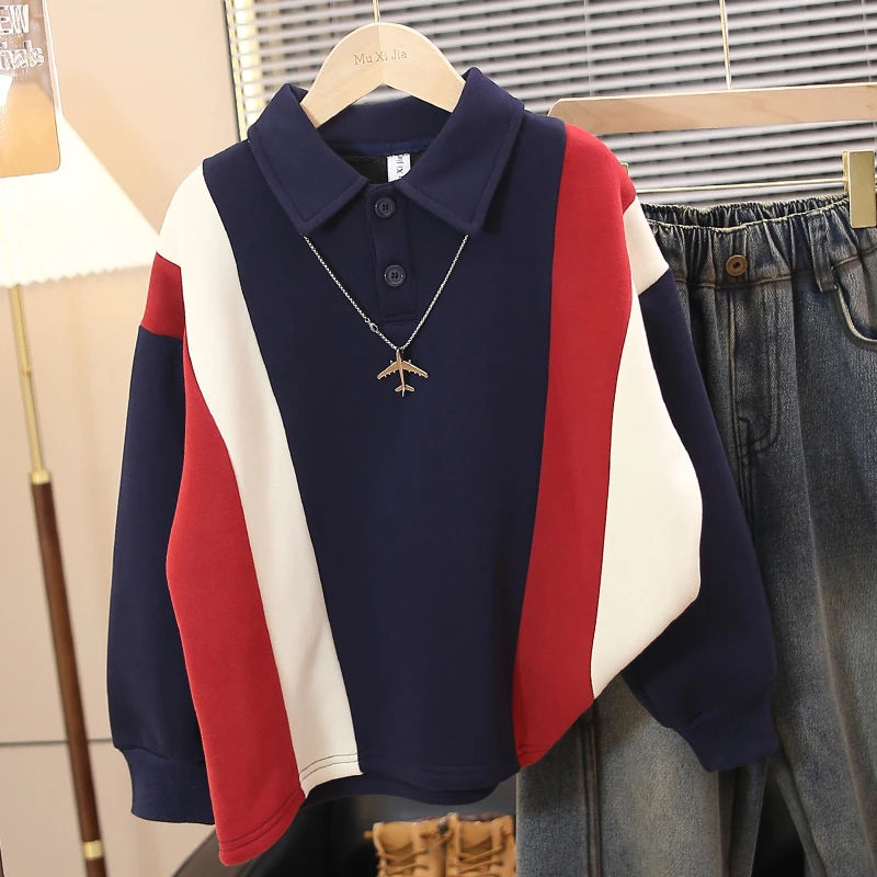 【西西家】儿童加绒卫衣2024新款男童秋冬装加厚一体绒polo衫帅气潮