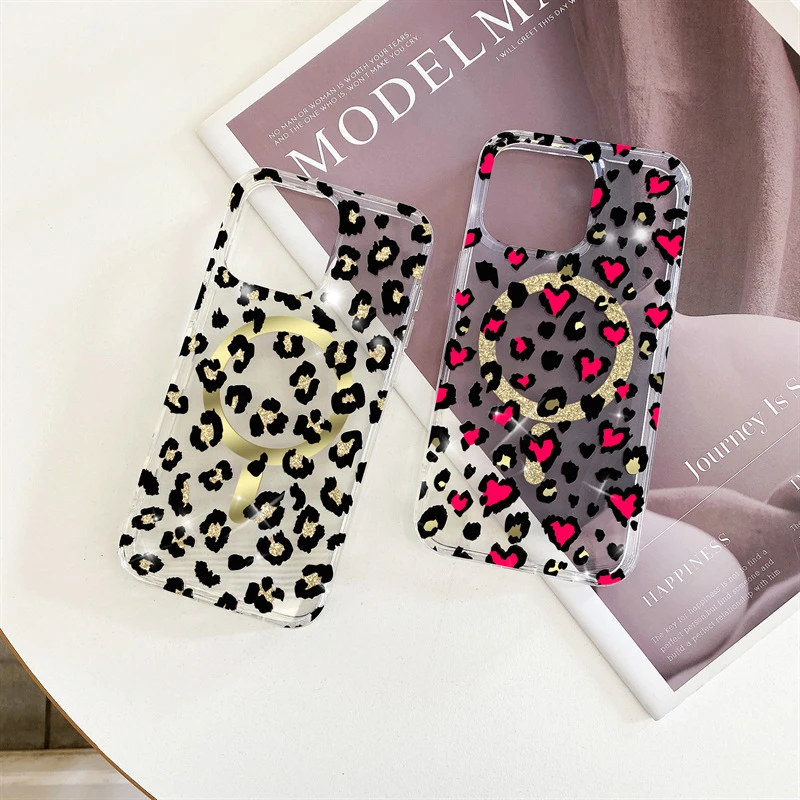 Q适用于苹果15Promax磁吸手机壳iPhone14Pro热辣豹纹13双层电镀壳