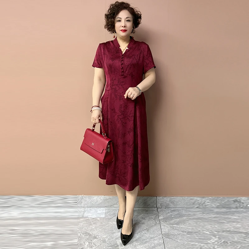 时尚洋气连衣裙夏季新款贵夫人气质高档妈妈收腰显瘦过膝中长裙子