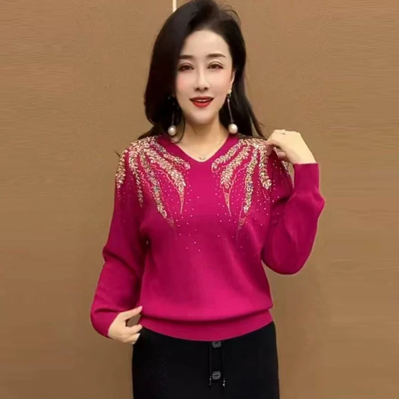 手工串珠镶钻针织衫2025春秋新款宽松遮肉显瘦打底衫洋气减龄上衣