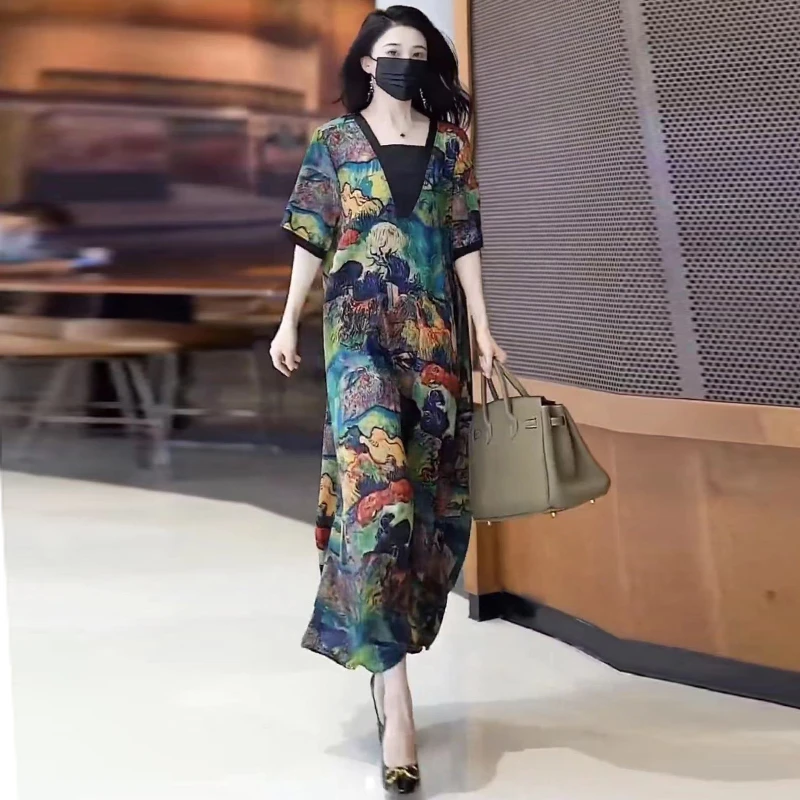 原创设计油画连衣裙假两件中长裙阔版宽松大码200斤气质女装长裙