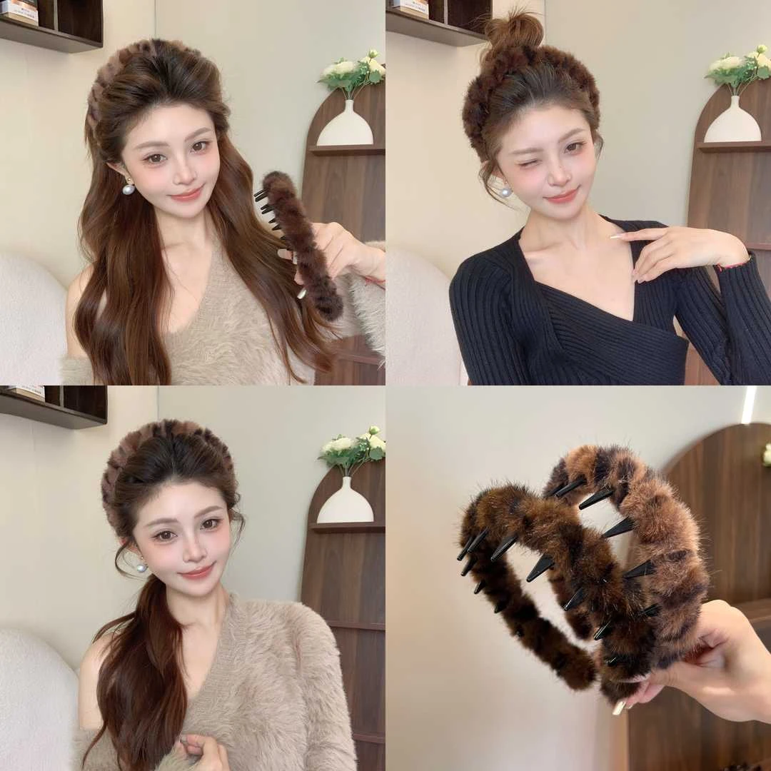 韩系复古豹纹毛毛带齿毛绒发箍女防滑洗脸发卡秋冬化妆发饰头箍