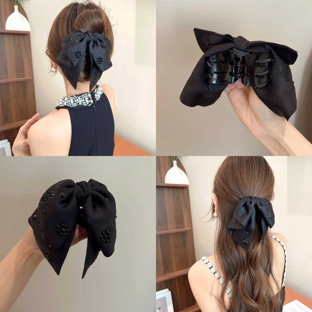 黑色星光璀璨马尾夹女新款飘带蝴蝶结抓夹简约时尚发夹头饰发夹