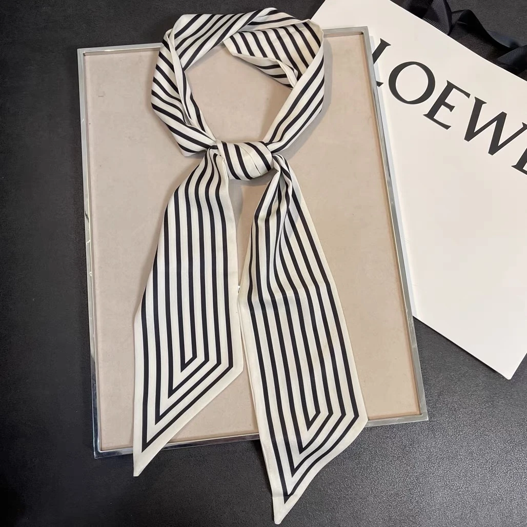气质条纹窄长条牛奶丝缎面丝巾时尚百搭衬衣装饰小领巾飘带围脖