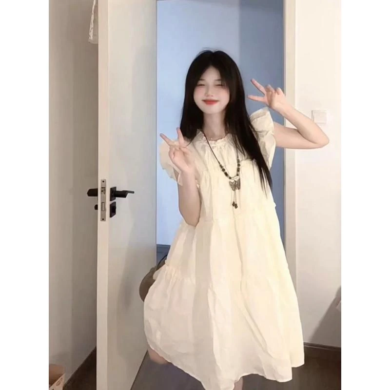 甜美温柔风小飞袖超仙木耳边连衣裙女学生夏季宽松遮肉小格子中裙