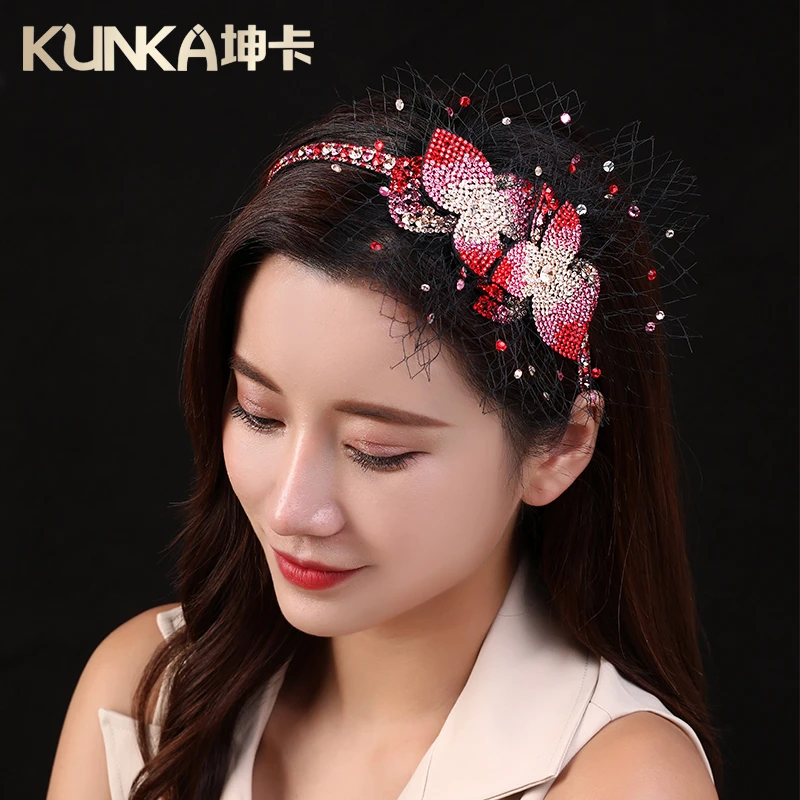 kunka/坤卡网纱发箍女水钻头箍宽边镶钻压发卡水晶带钻头饰花朵