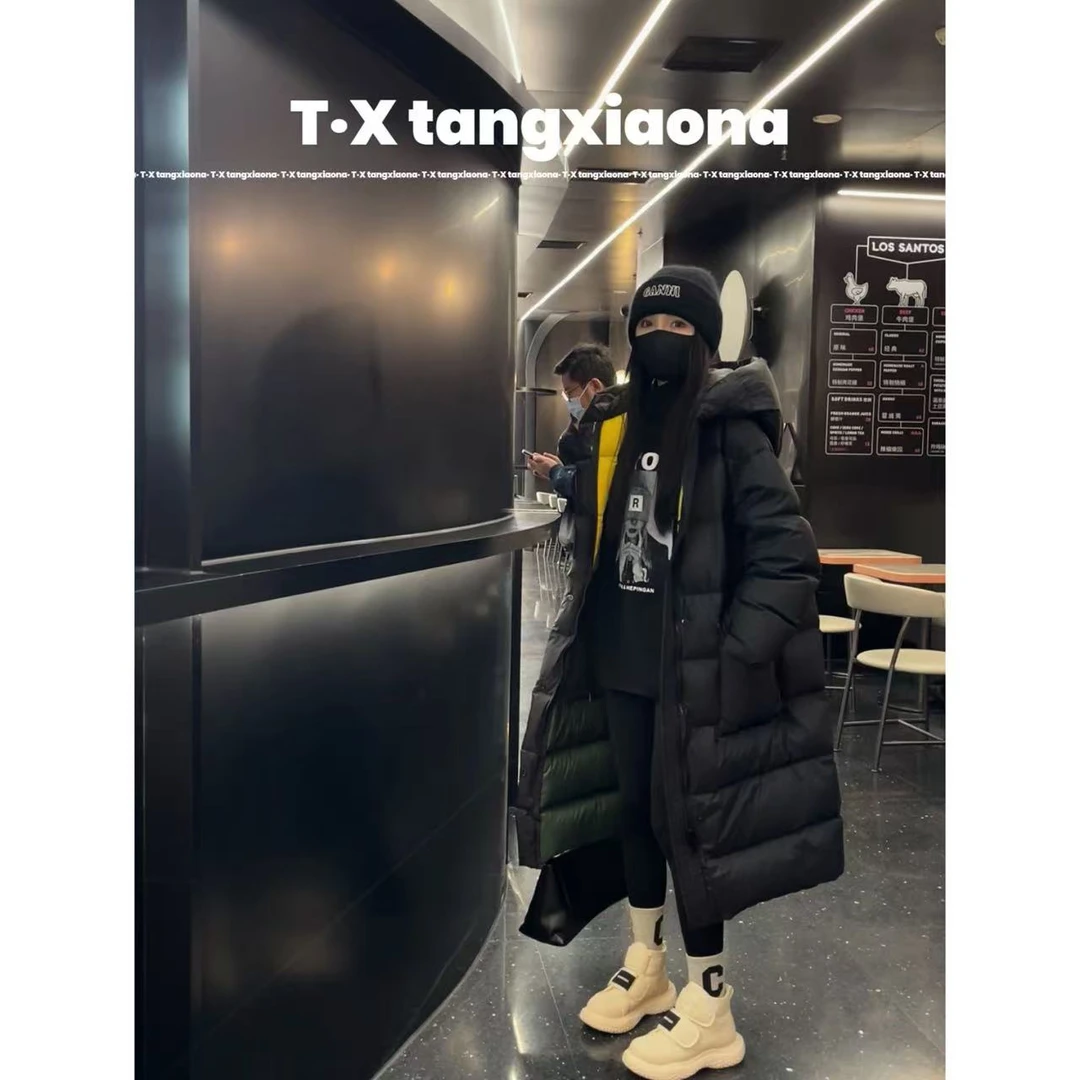 T•X 【加倍温暖】连帽过膝羽绒服内里黄绿撞色拼接抽绳收腰冬季外套