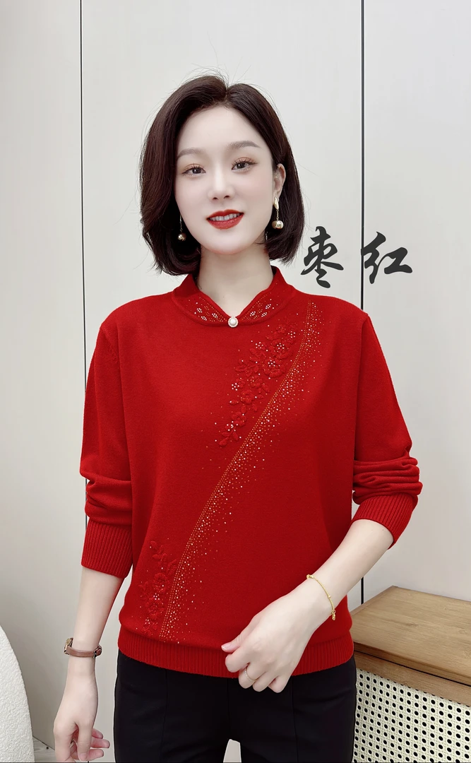 24新款洋气旗袍领绣花烫钻妈妈装毛衣毛衫贯穿烫钻旗袍领