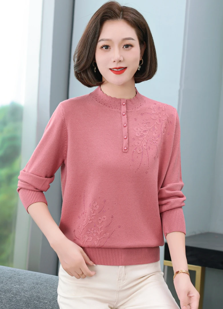 冬季妈妈装立领上下刺绣半高领毛衣保暖毛针织衫宽松套头半高领