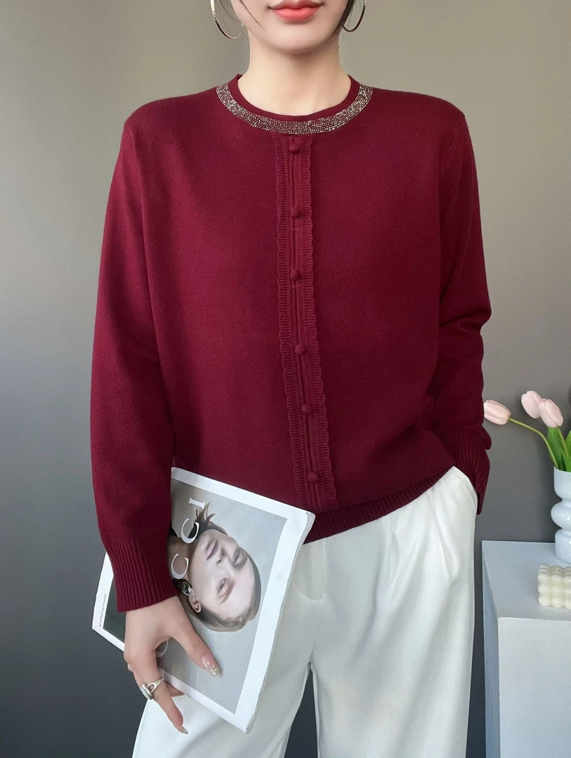 新款高级设计感纯色圆领银钻妈妈装毛衣毛衫新圆领