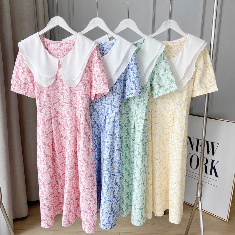 2235碎花连衣裙夏季法式双层娃娃领茶歇裙收腰显瘦度假短袖长裙子