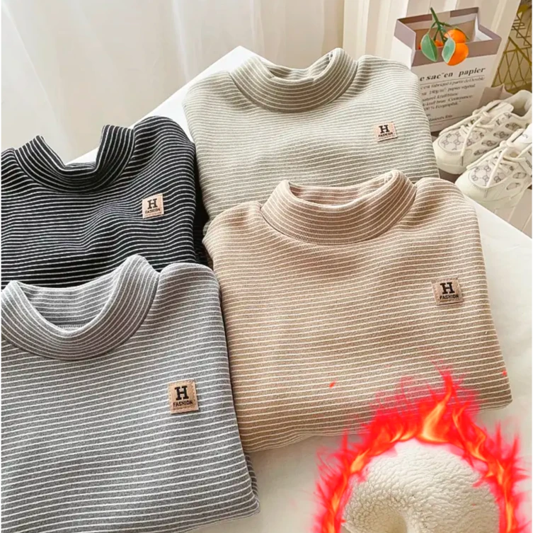 儿童秋冬新款德绒加绒加厚半高领条纹打底衫男宝女宝内搭保暖衣