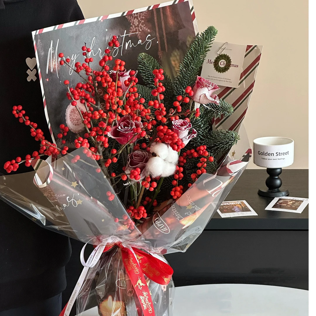 新款圣诞氛围纸鲜花店圣诞花束包装艺术纸花束包装材料礼品花束