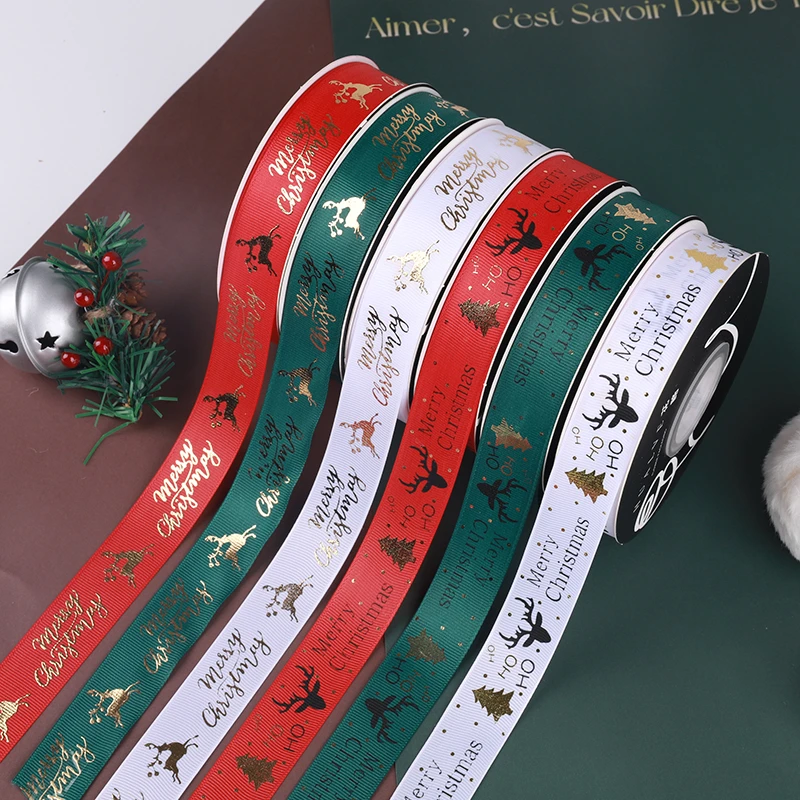 新款2.5cm圣诞烫金罗纹缎带花束鲜花包装礼品缎带花艺包装丝带
