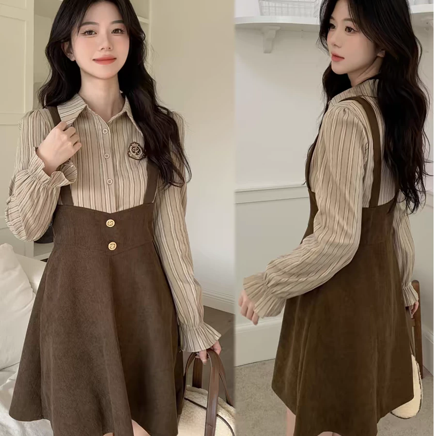 大码女装连衣裙秋季新款衬衫假两件拼接复古学院风胖MM显瘦裙子