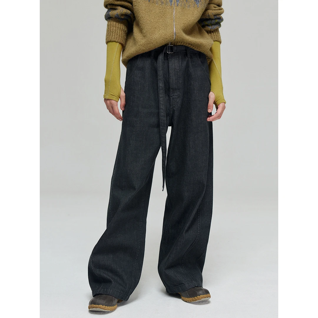 Simple Project秋冬新款纯棉原色赤耳腰带可调节弧摆阔腿牛仔裤