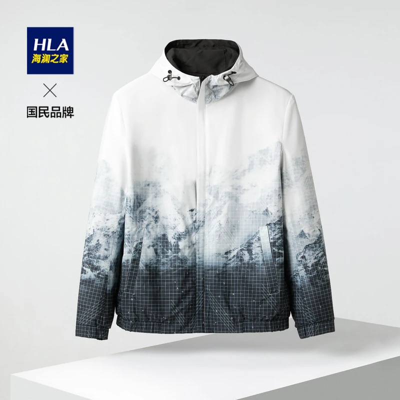 【双面穿】HLA/海澜之家连帽抽绳男士格子外套渐变百搭潮流印花春季