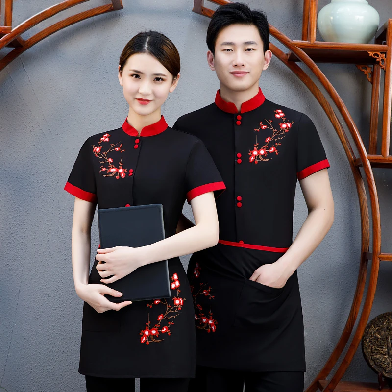 餐厅服务员工作服短袖女夏季餐饮饭店酒店中餐火锅店中式特色长袖