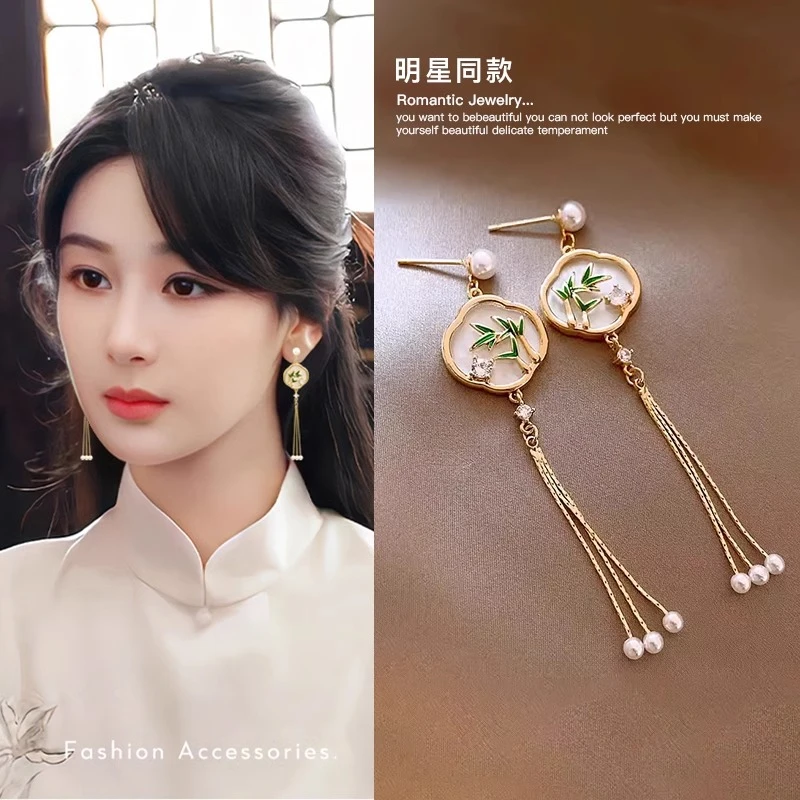 铜合金耳饰 中式翠竹流苏耳环轻奢长款百搭耳钉爆款国风气质耳饰1
