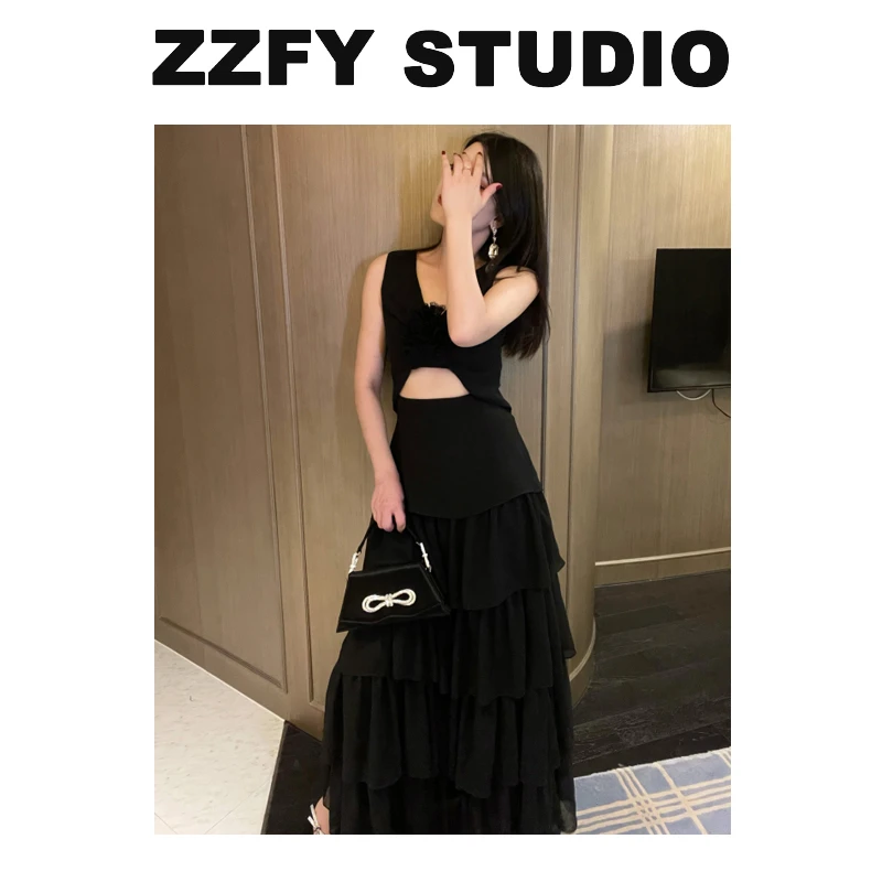 ZZFY STUDIO 花朵饰背心多节气质长裙 24LYQ441866B