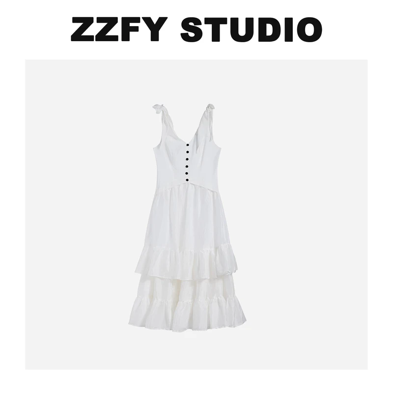 ZZFYSTUDIO蝴蝶结镂空白色气质连衣裙24LYQ441848W