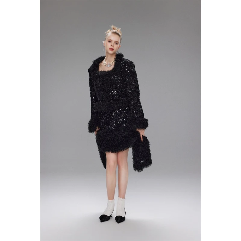 【超总专属】ZZFY STUDIO 黑色亮片毛毛摆短裙 23DBQ443619B