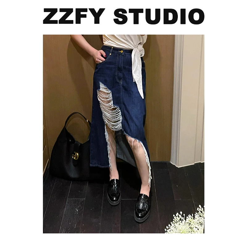 【BIUBIU专属】ZZFYSTUDIO不规则拉毛开衩牛仔裙裙子24NZQ341831L