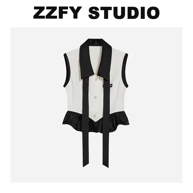 ZZFY STUDIO 白色竖条拼色小上衣 24YDSY111009W